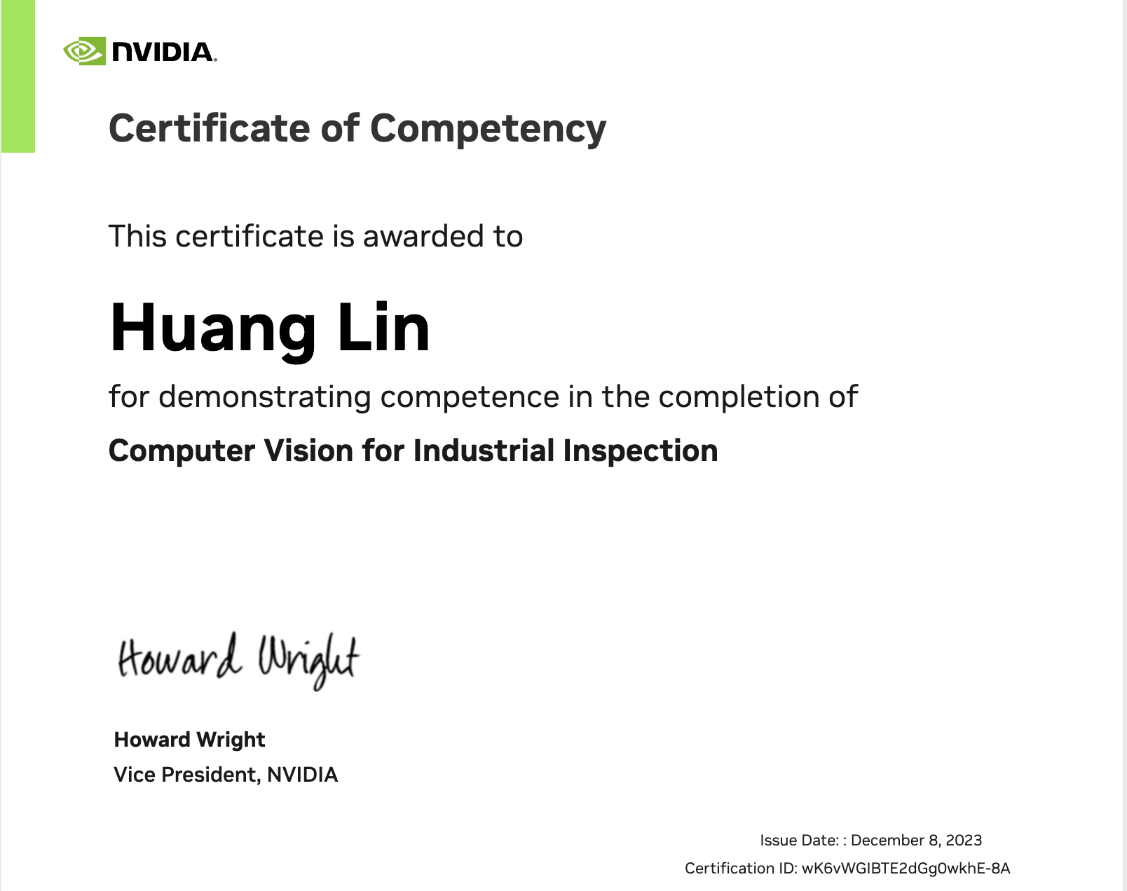 Computer vision industrial inspection certificate
