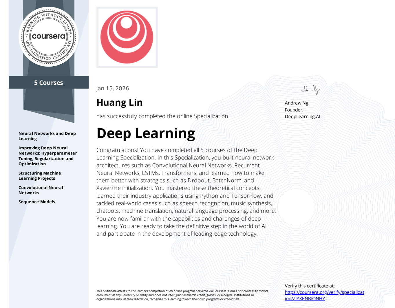 Deep learning certificate