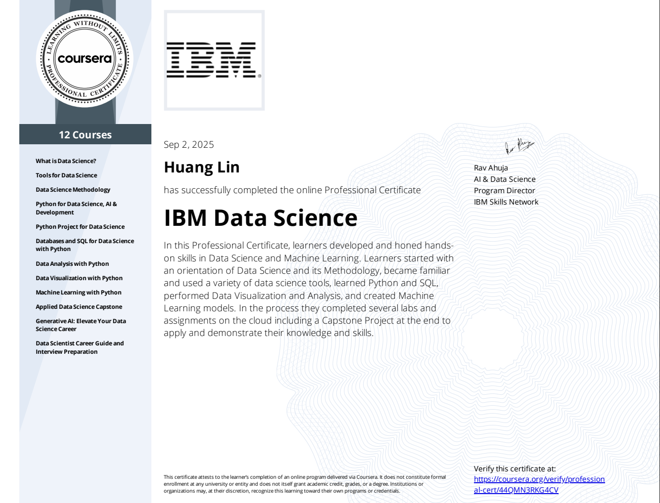 IBM data science certificate