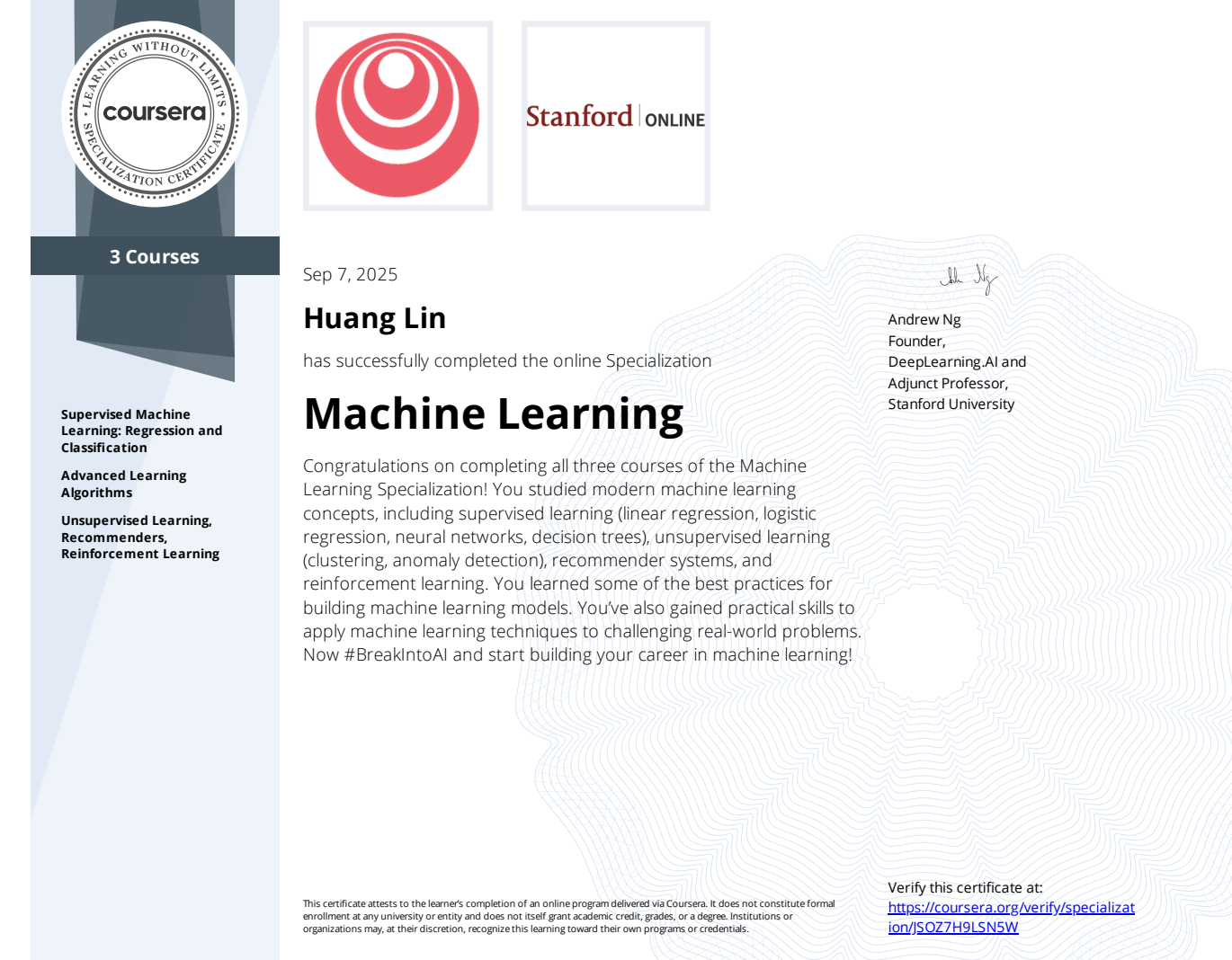 Machine learning certificate