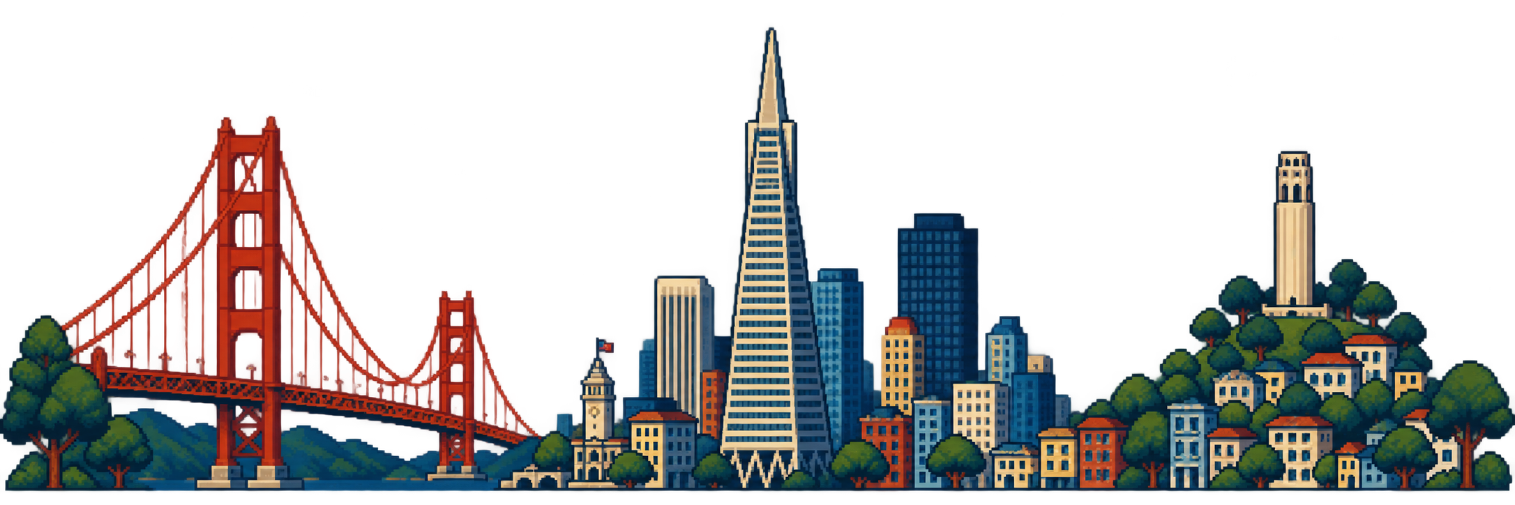 Golden Gate Bridge, Transamerica Pyramid, and Coit Tower.